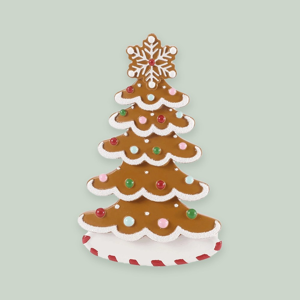 Gingerbread Tree ornament on a sage green background