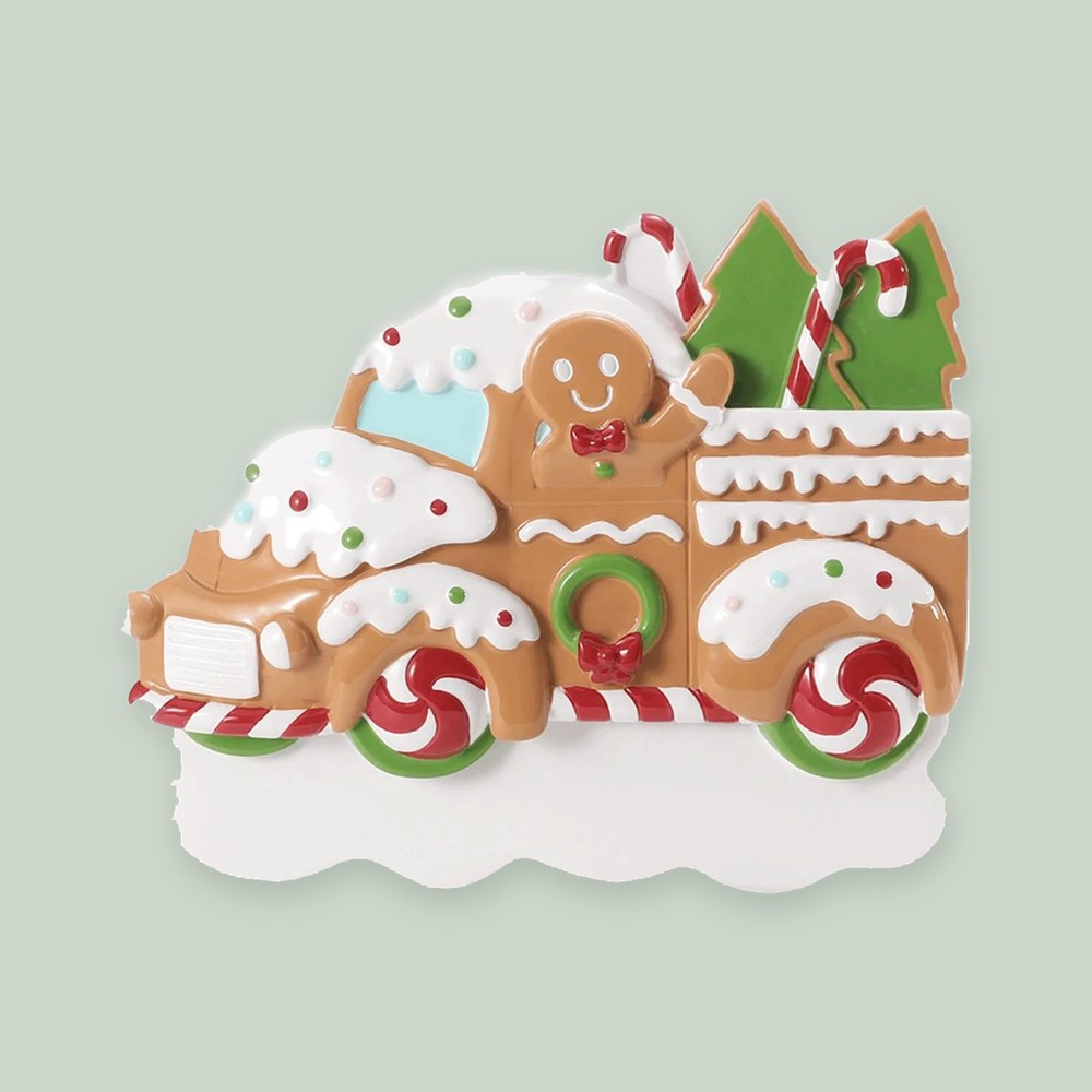 Gingerbread Truck ornament on a sage green background