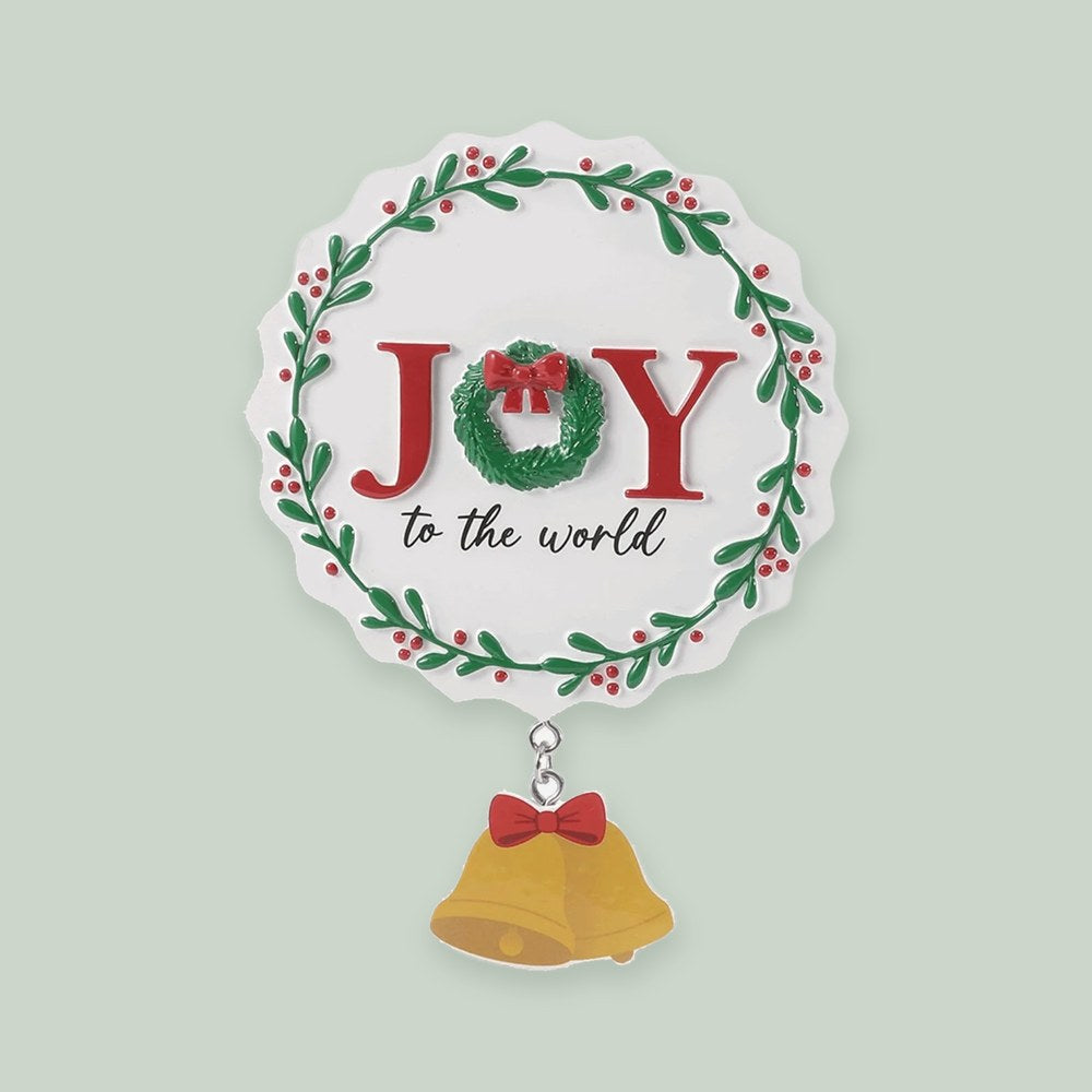 Joy to the World Wreath ornament on a sage green background