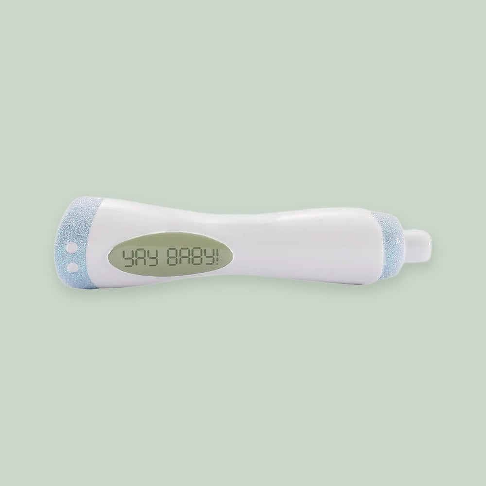 Pregnancy Announcement Test — Blue ornament on a sage green background