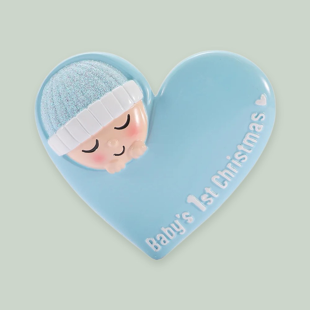 Sleeping Baby in Heart — Blue ornament on a sage green background