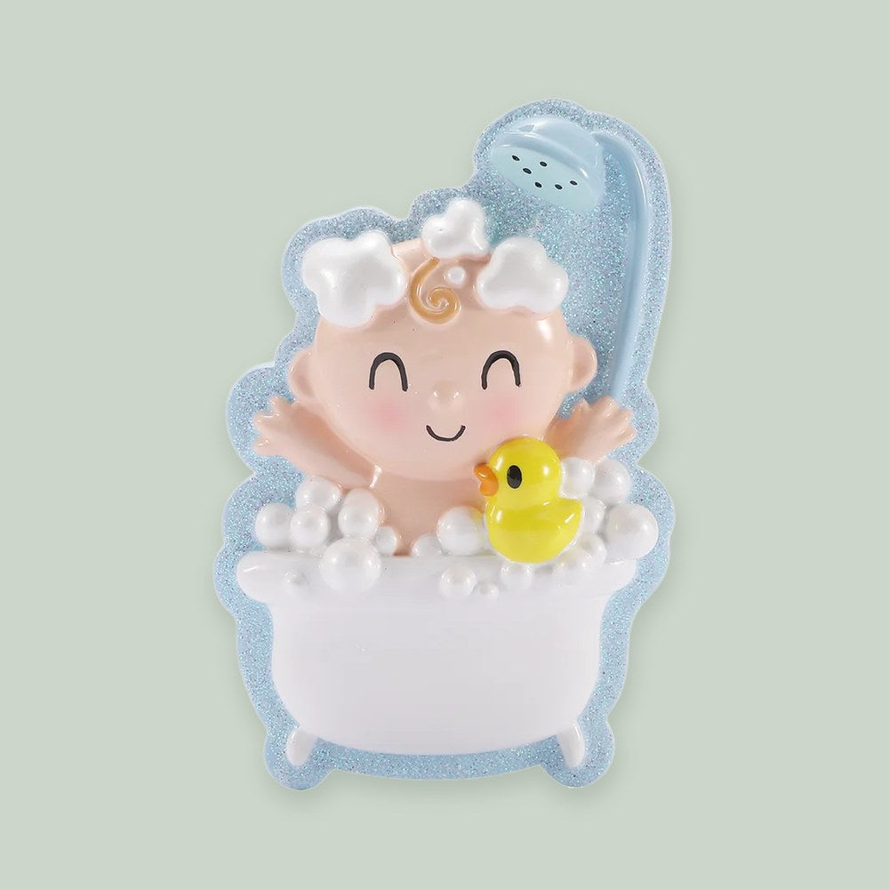 Baby in Bubble Bath- Blue ornament on a sage green background