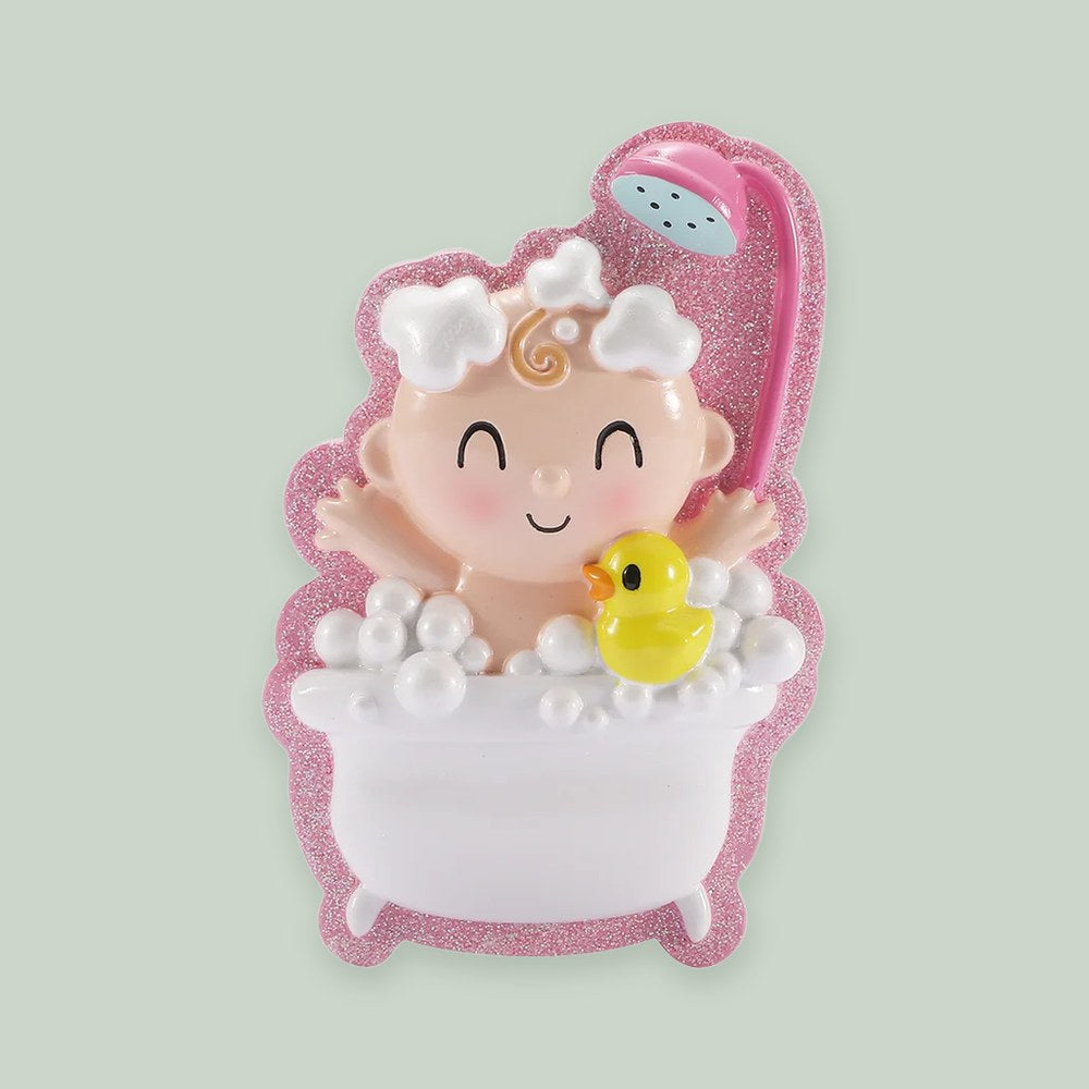 Baby in Bubble Bath- Pink ornament on a sage green background