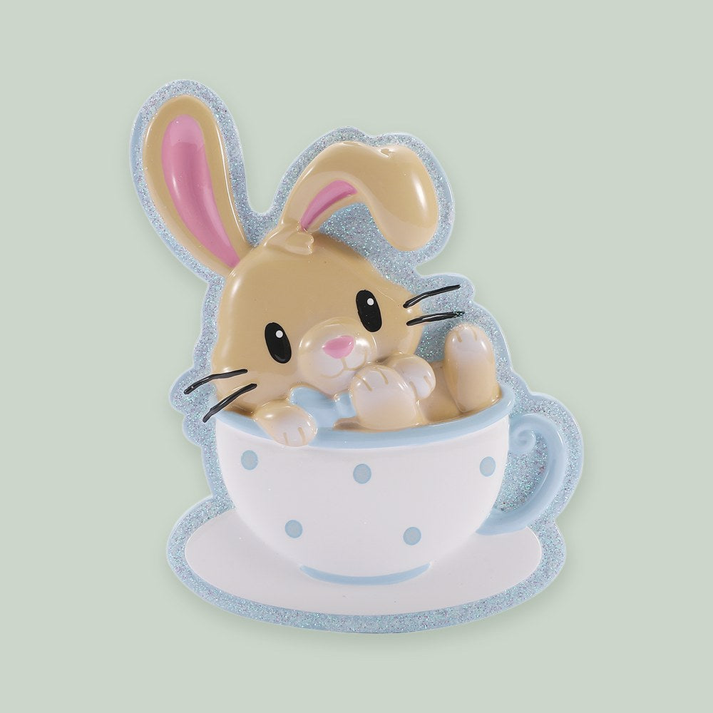 Baby Bunny in Teacup- Blue ornament on a sage green background