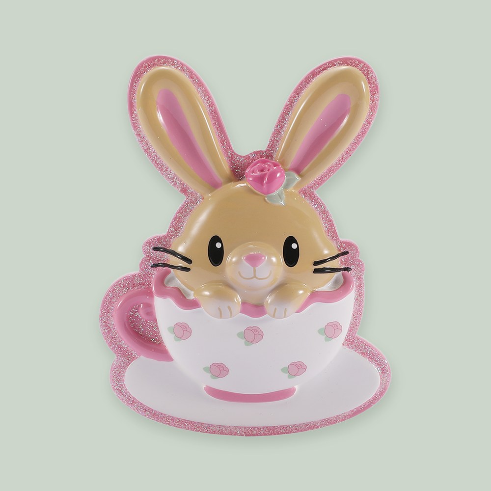 Baby Bunny in Teacup- Pink ornament on a sage green background
