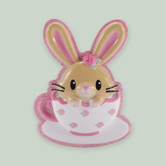 Baby Bunny in Teacup- Pink ornament on a sage green background