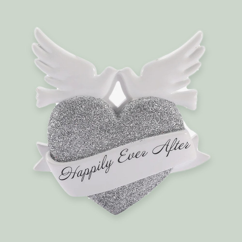 Happily Ever After Wedding Heart ornament on a sage green background