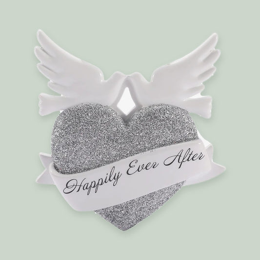 Happily Ever After Wedding Heart ornament on a sage green background