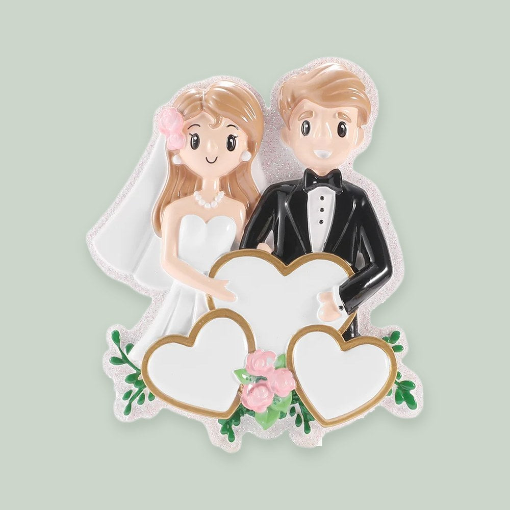 Wedding Couple with Gold Hearts ornament on a sage green background