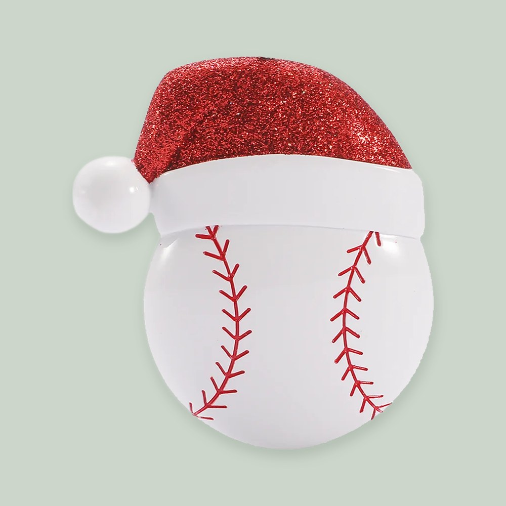 Baseball with Santa Hat ornament on a sage green background