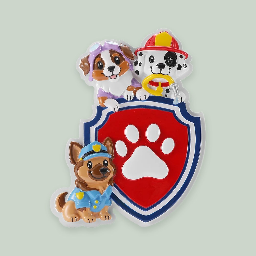 Puppy Rescue Squad ornament on a sage green background
