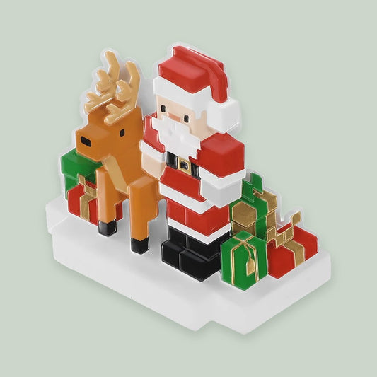 Block-Style Santa and Reindeer ornament on a sage green background