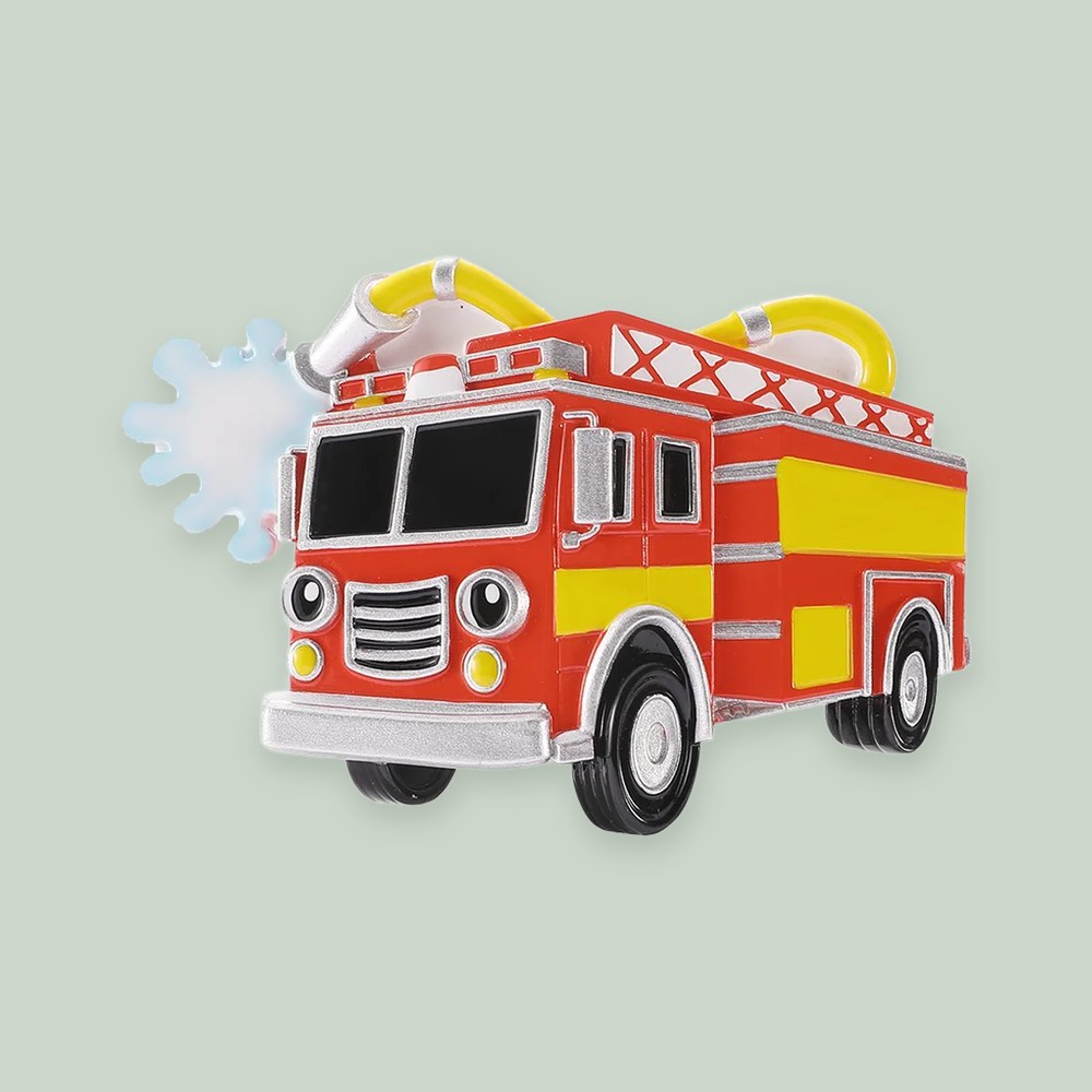 Firetruck with Headlight Eyes ornament on a sage green background
