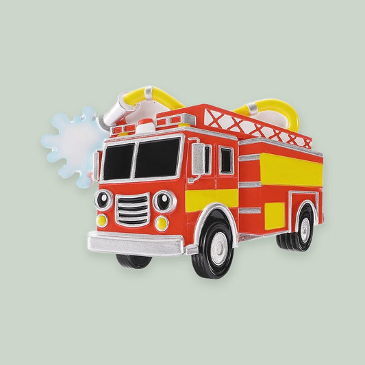 Firetruck with Headlight Eyes ornament on a sage green background