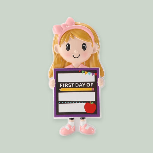 First Day of School Banner — Girl ornament on a sage green background