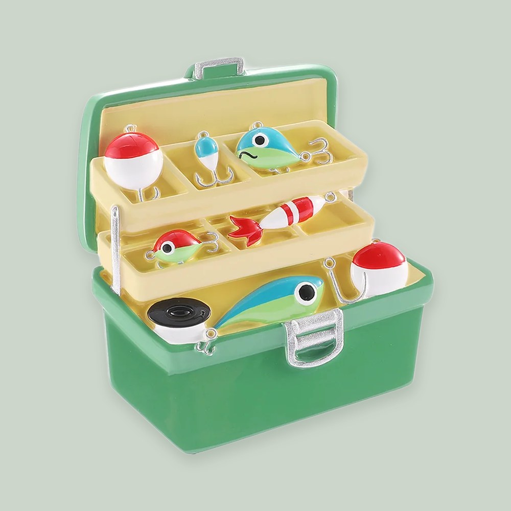 Fishing Tackle Box ornament on a sage green background