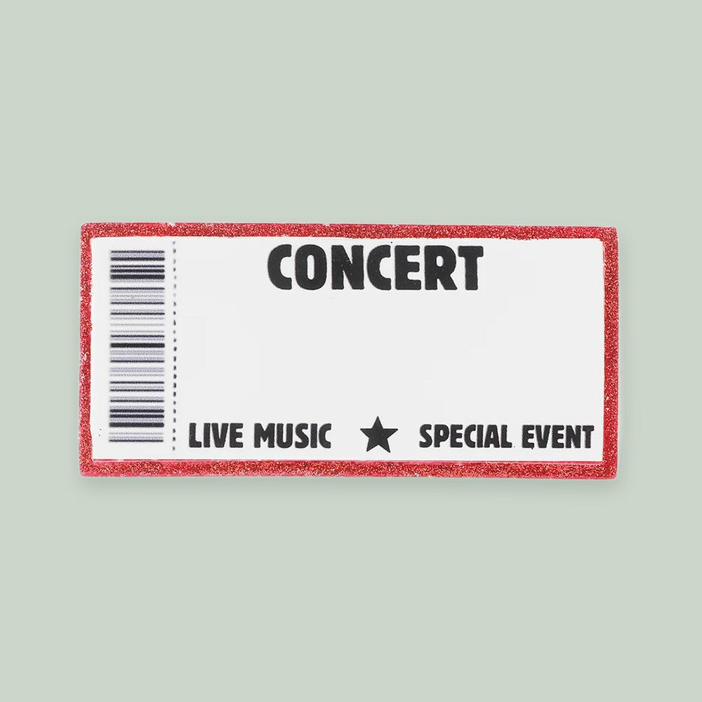 Concert Ticket ornament on a sage green background