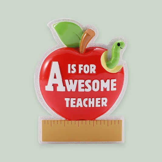 A Is For Awesome Teacher ornament on a sage green background