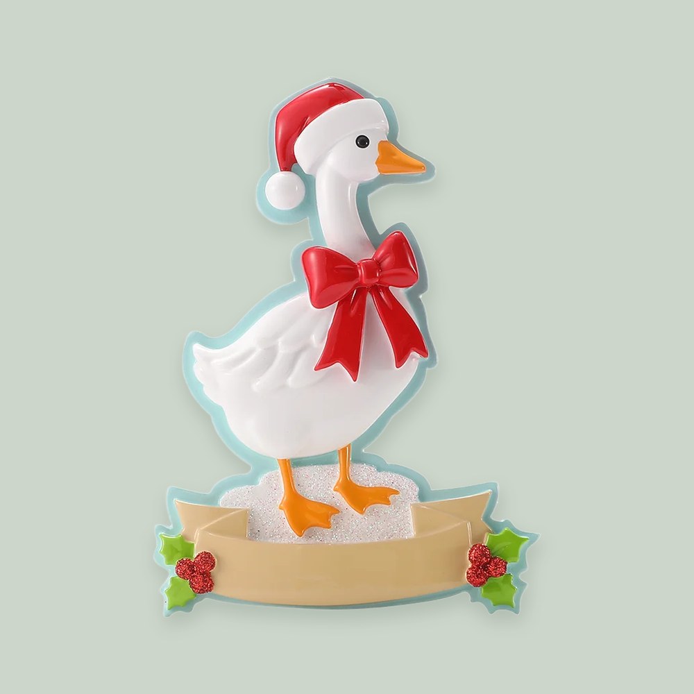 Christmas Goose In A Santa Hat ornament on a sage green background