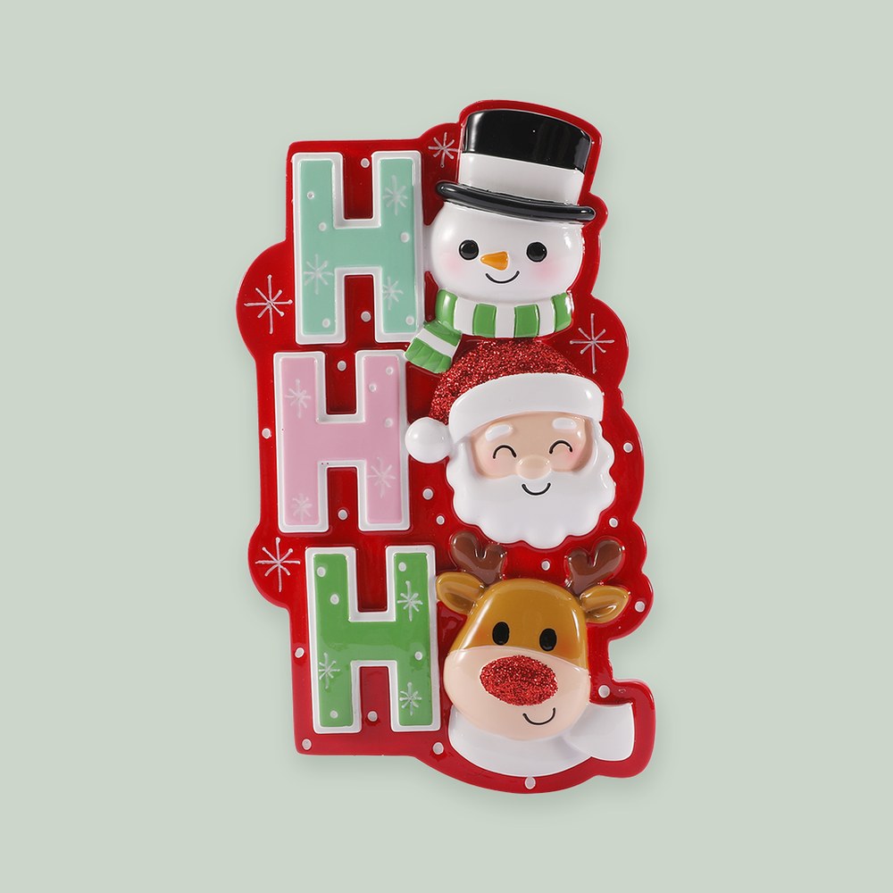 HO HO HO Christmas Characters ornament on a sage green background