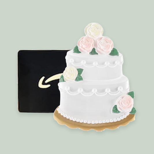 Wedding Cake Money Holder ornament on a sage green background