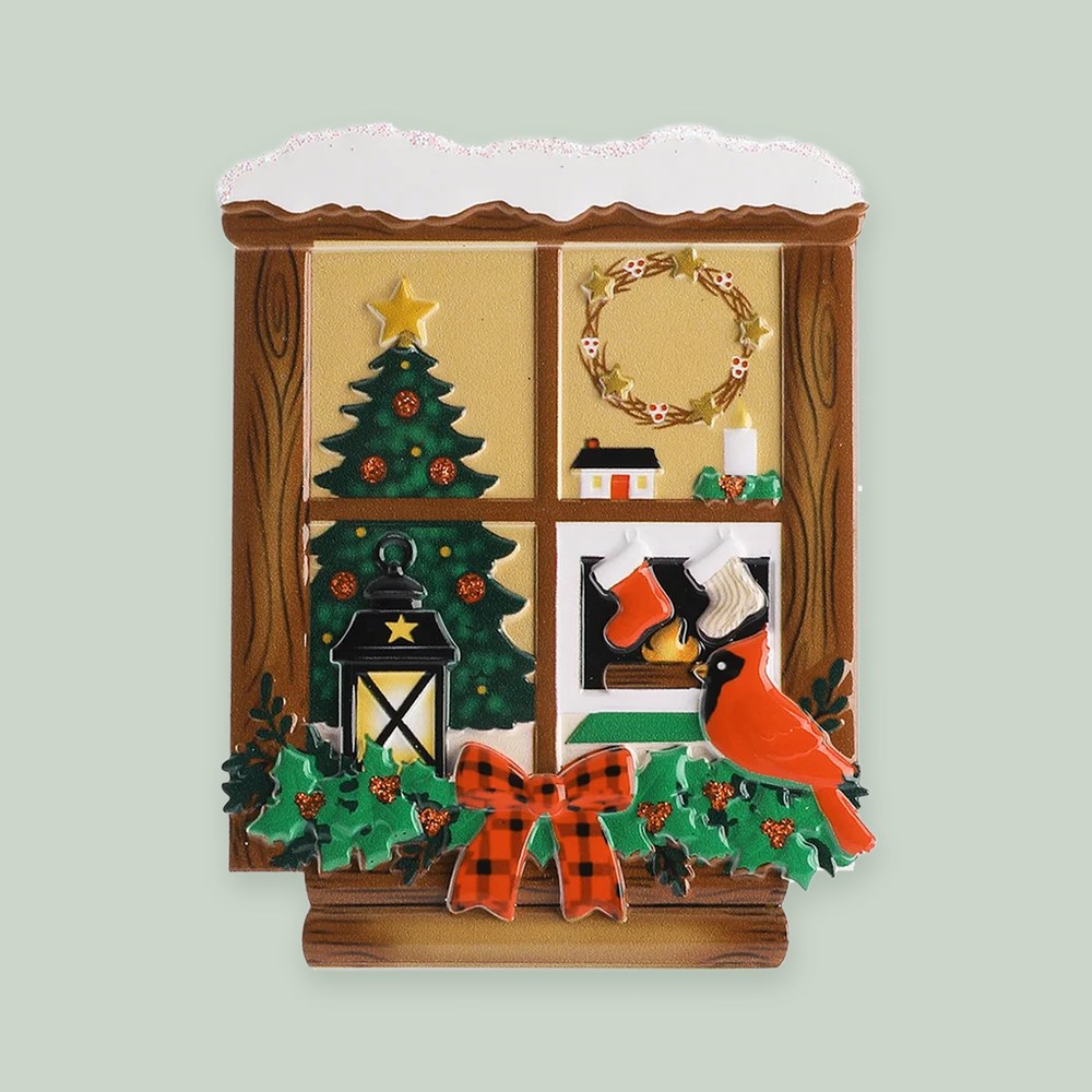 Country Cabin Christmas Window ornament on a sage green background