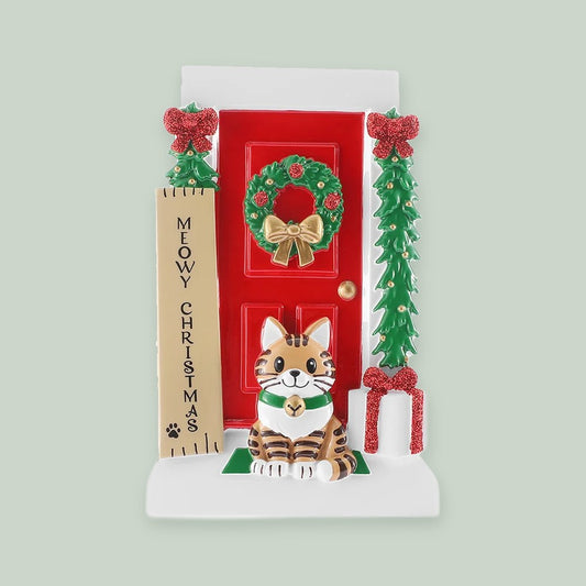 Meowy Christmas Door with Cat ornament on a sage green background