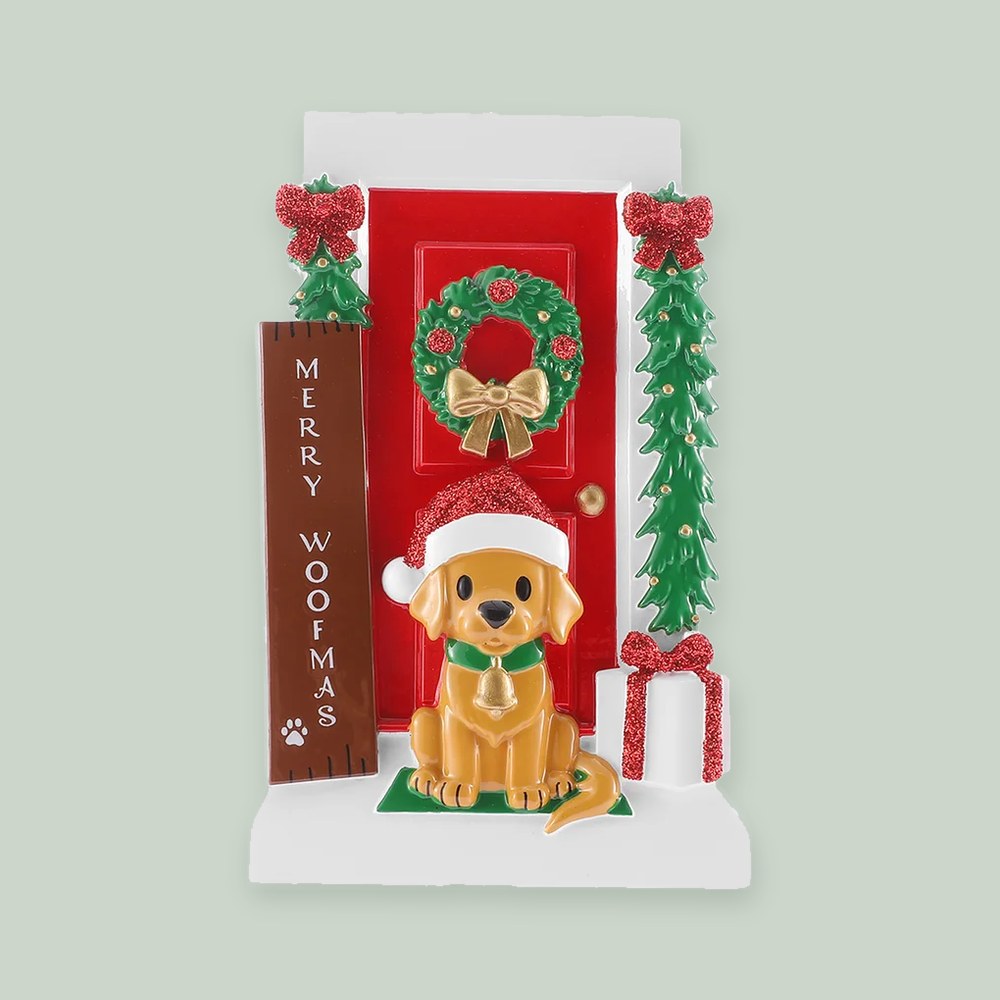 Merry Woofmas Door with Dog ornament on a sage green background
