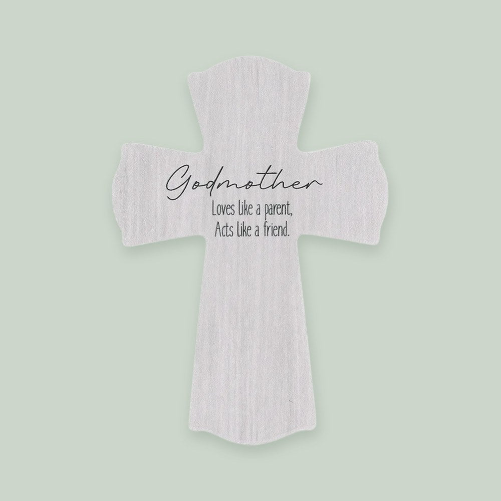 Godmother Cross ornament on a sage green background