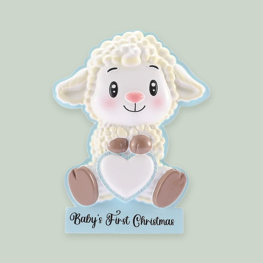 Baby Lamb with Heart- Blue ornament on a sage green background