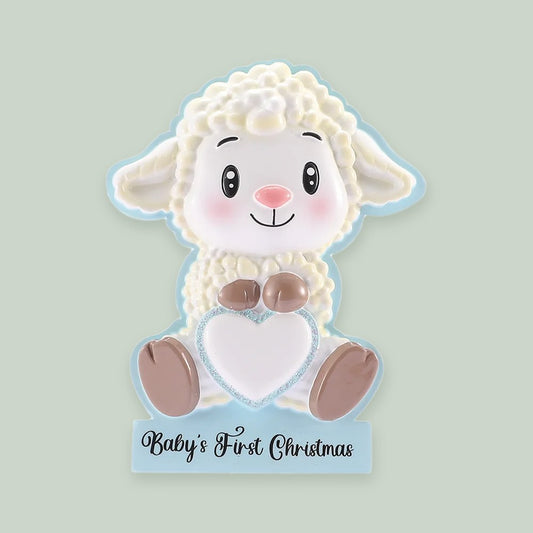 Baby Lamb with Heart- Blue ornament on a sage green background