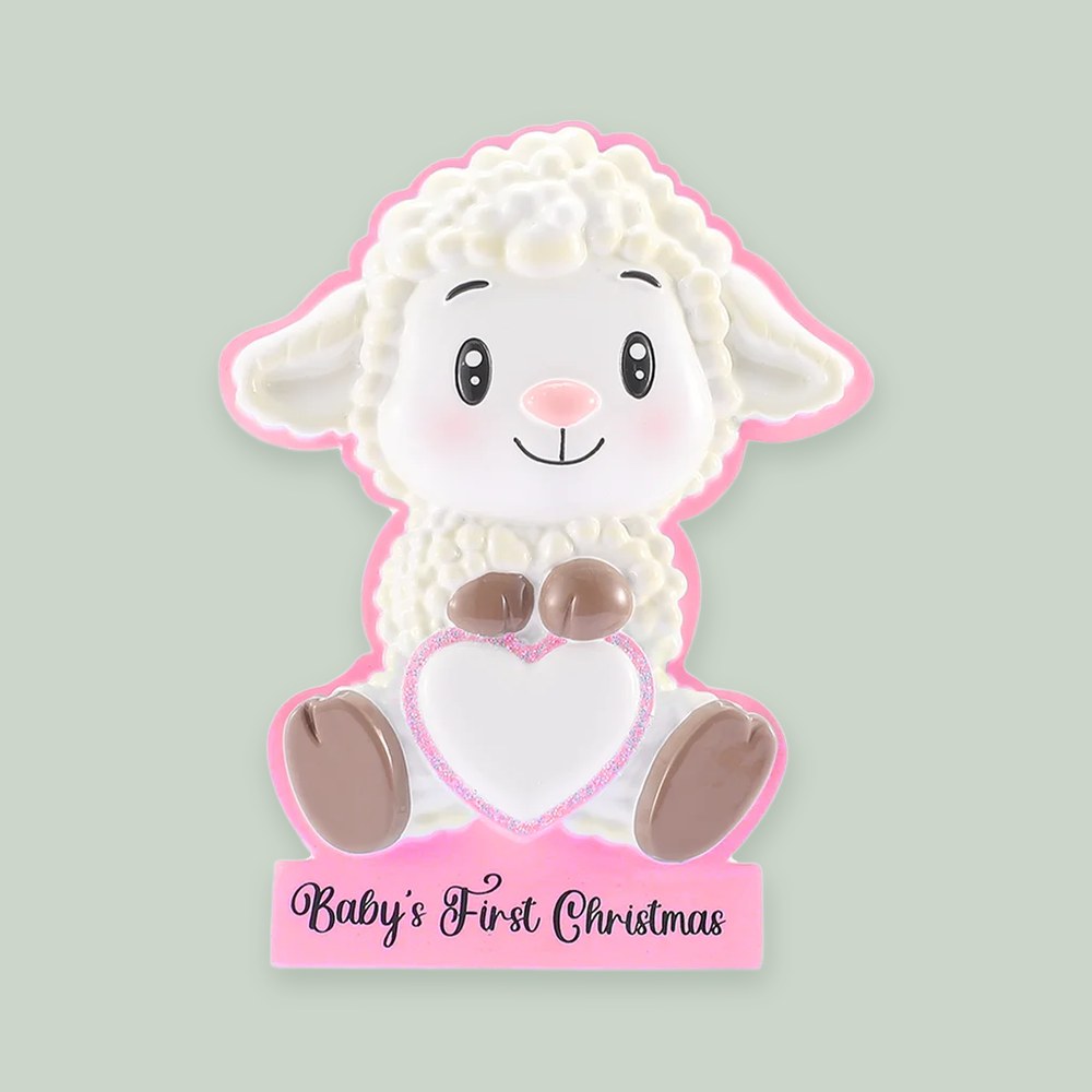 Baby Lamb with Heart- Pink ornament on a sage green background