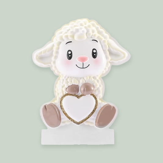 Godchild Lamb with Heart ornament on a sage green background
