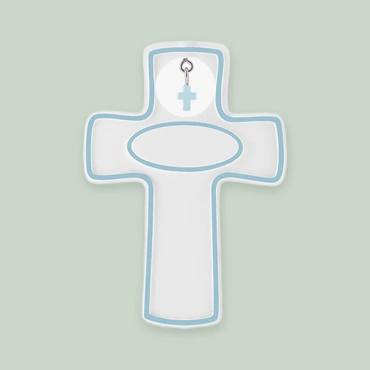 Child Cross – Blue ornament on a sage green background