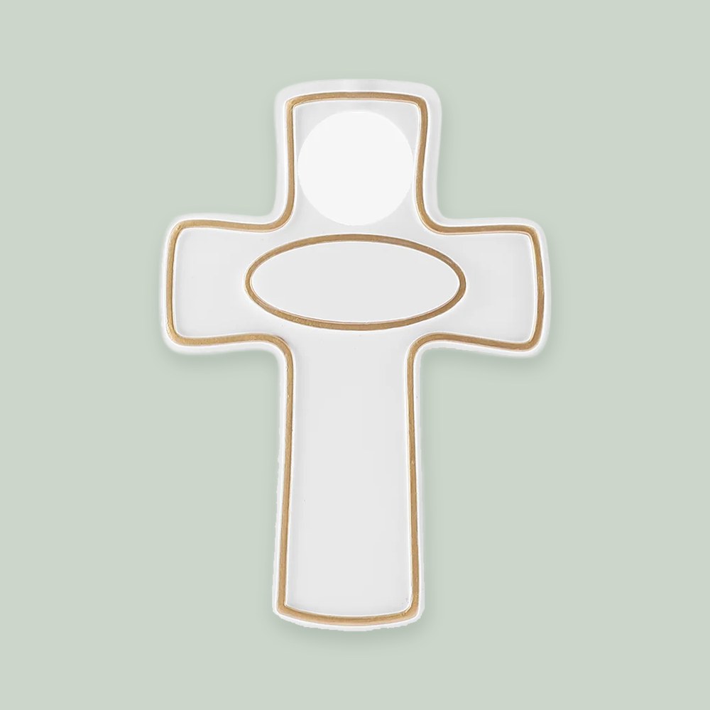 Child Cross – Gold ornament on a sage green background