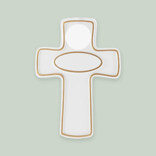 Child Cross – Gold ornament on a sage green background