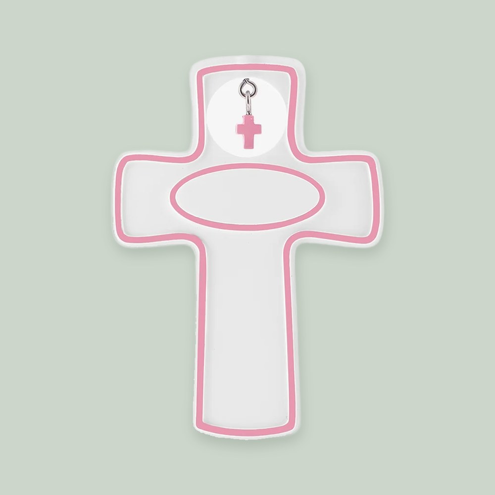 Child Cross – Pink ornament on a sage green background