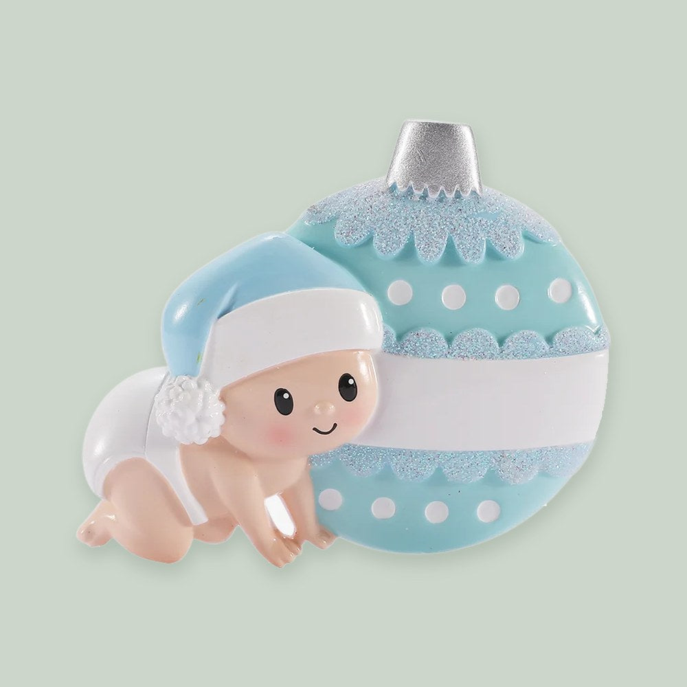 Baby Crawling Ornament- Blue ornament on a sage green background