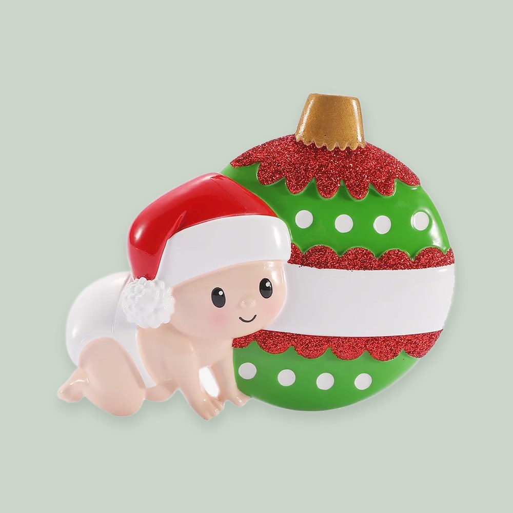 Baby Crawling Ornament- Red & Green ornament on a sage green background