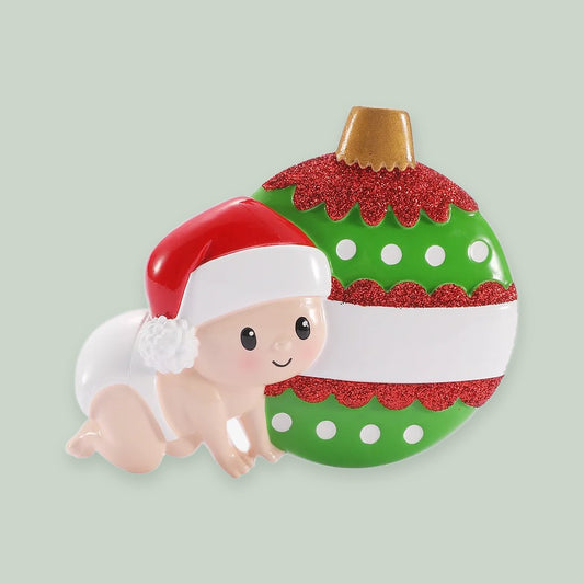 Baby Crawling Ornament- Red & Green ornament on a sage green background