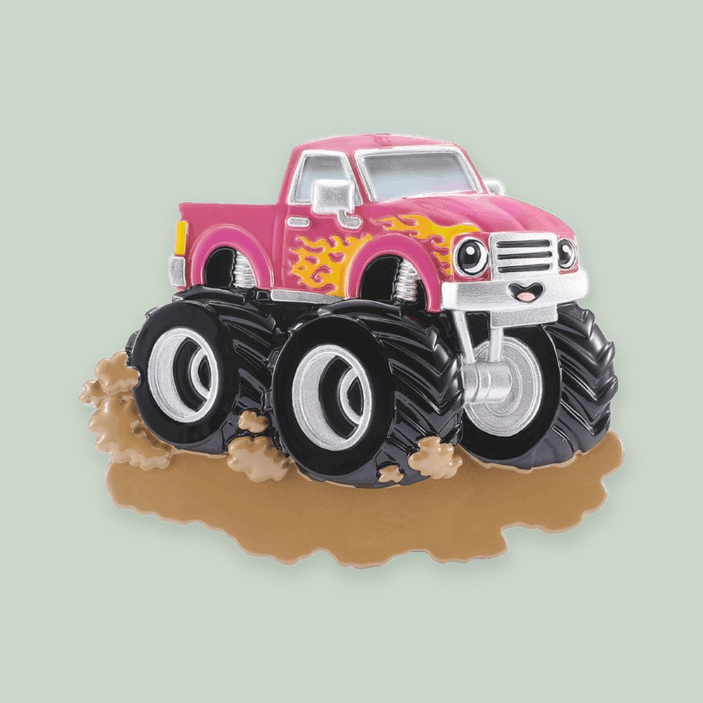 Purple Monster Truck with Headlight Eyes ornament on a sage green background