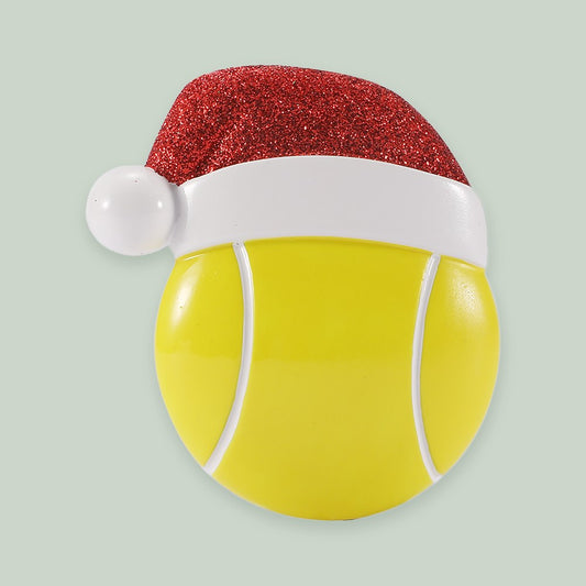 Tennis Ball with Santa Hat ornament on a sage green background