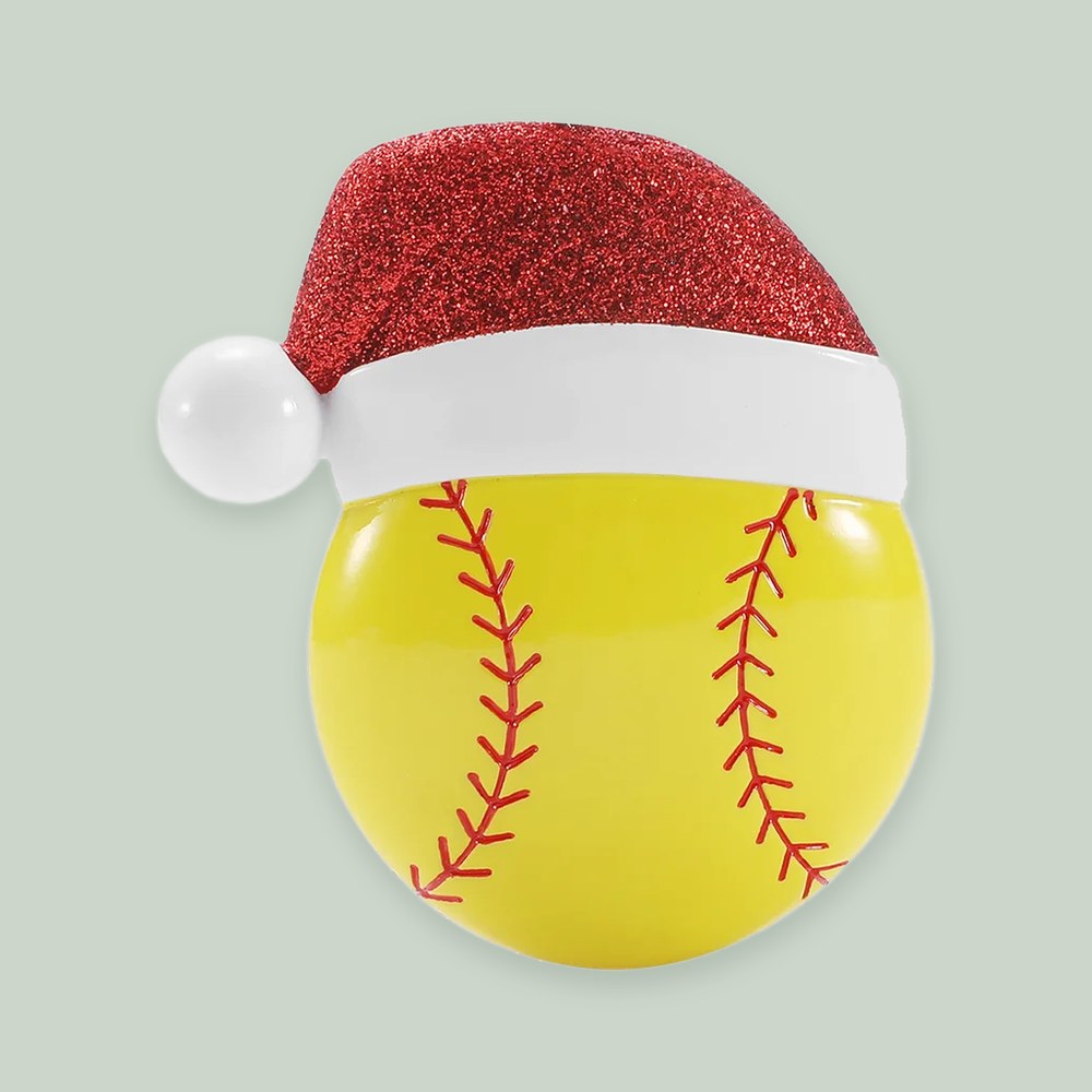 Softball with Santa Hat ornament on a sage green background