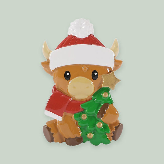 Highland Cow with Tree ornament on a sage green background