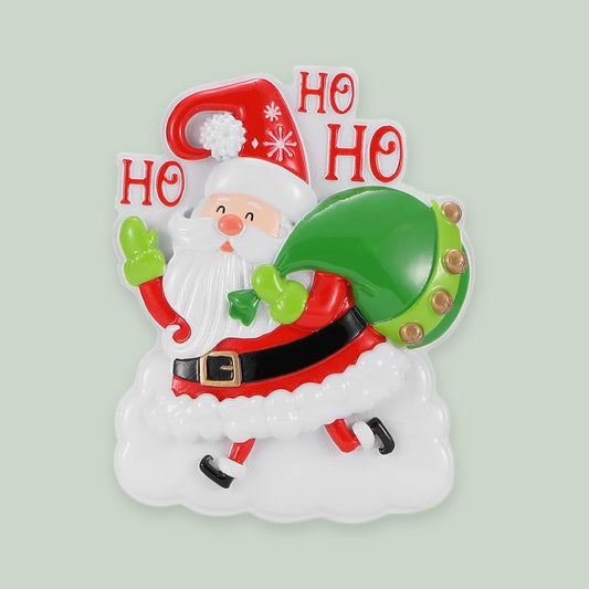 Santa and His Pack ornament on a sage green background