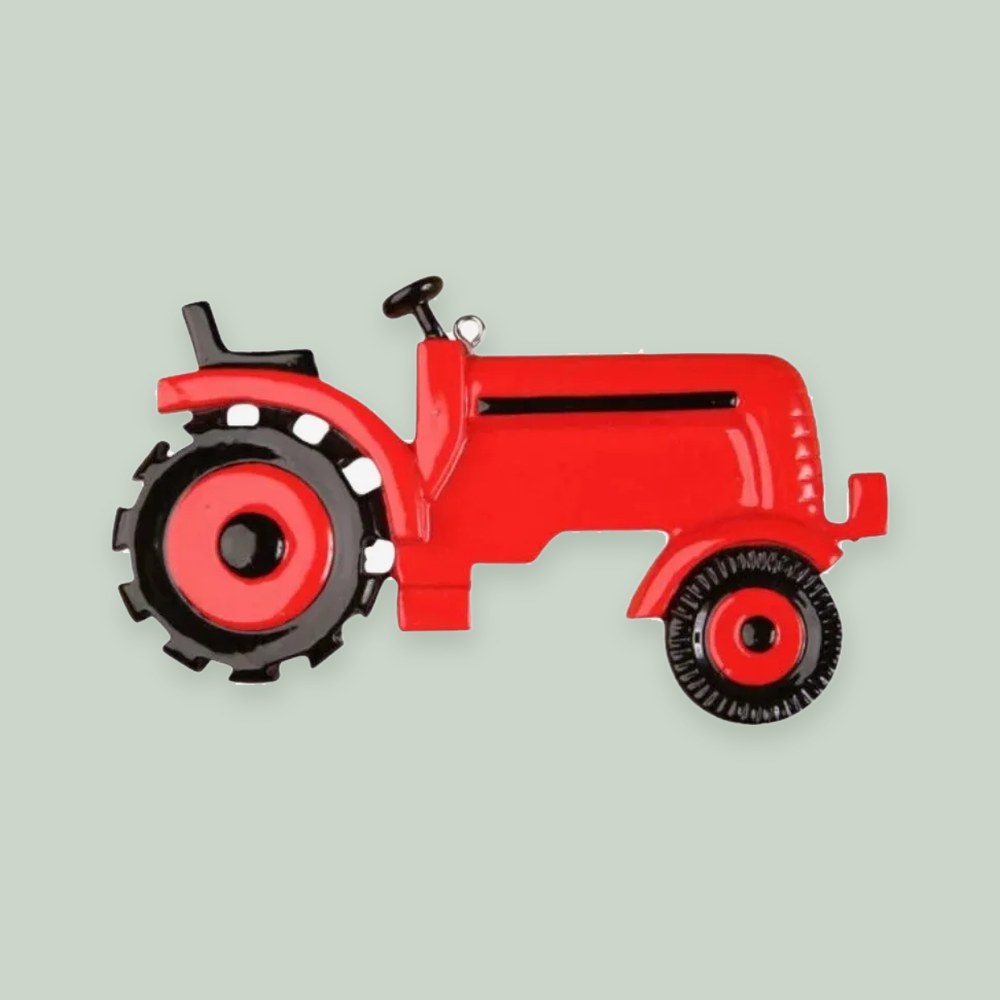 Red Tractor ornament on a sage green background