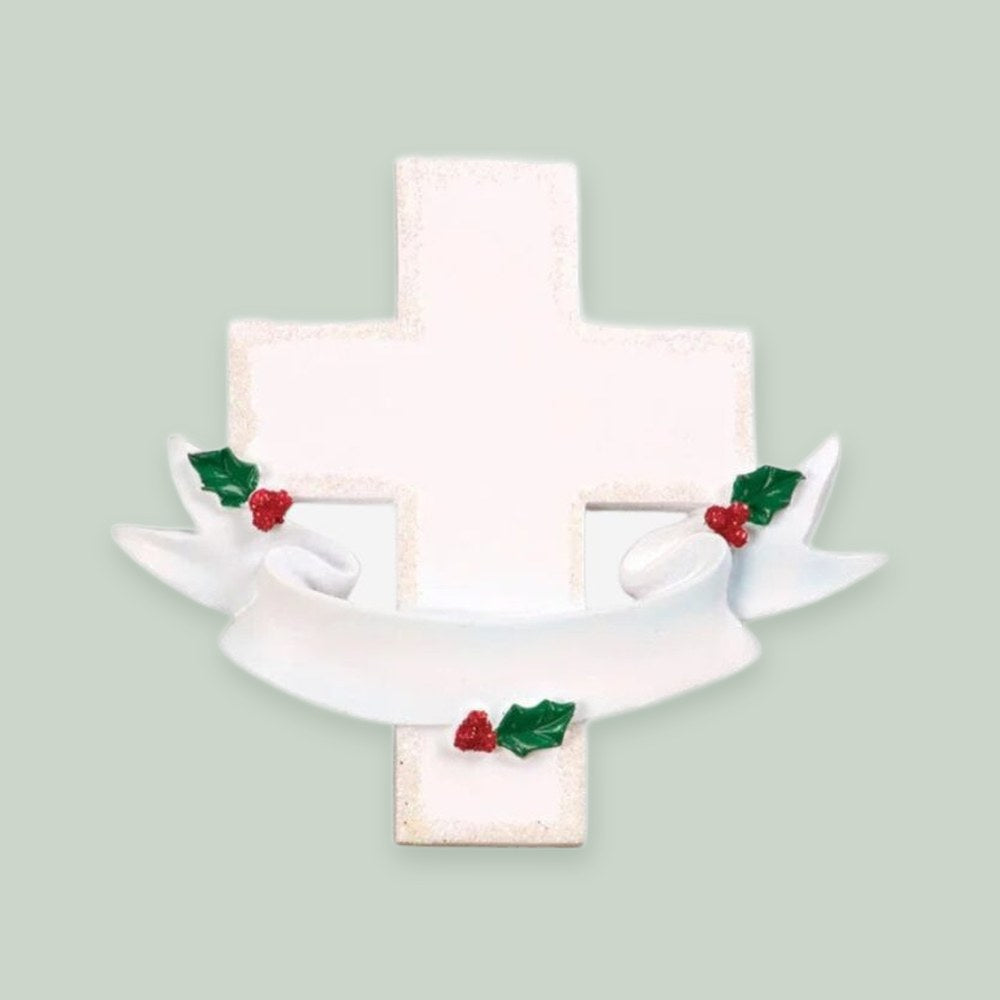 Memorial Cross ornament on a sage green background