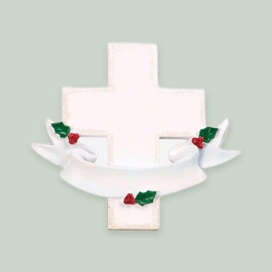 Memorial Cross ornament on a sage green background