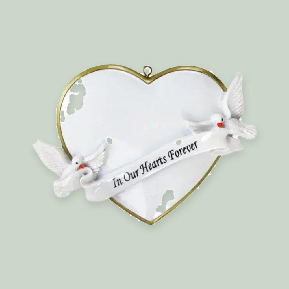 Forever in Our Hearts ornament on a sage green background