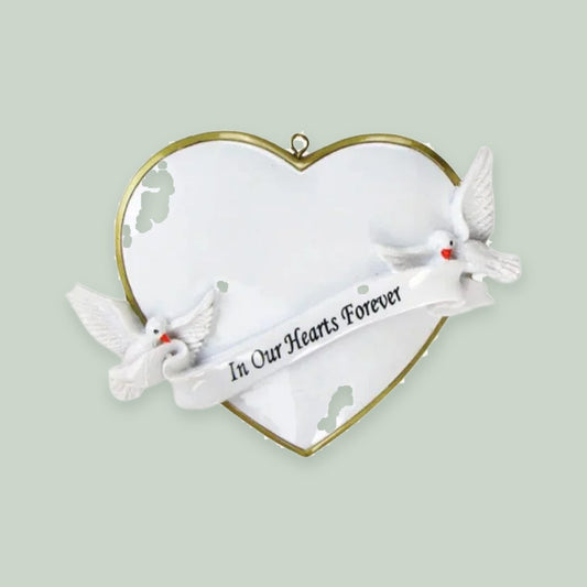 Forever in Our Hearts ornament on a sage green background
